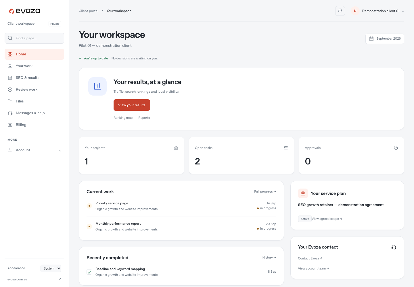 Actual Evoza client portal dashboard for a demonstration client with sample project and approval data