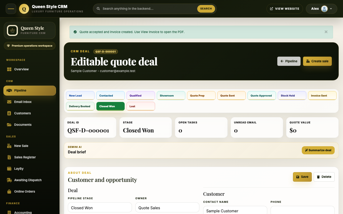 Actual Queen Style Furniture CRM deal workspace showing pipeline stages and invented sample records