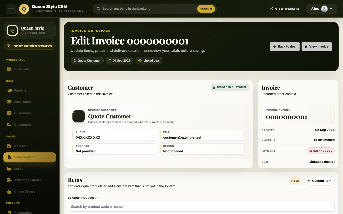 Actual Queen Style Furniture CRM invoice editor with invented and masked sample data