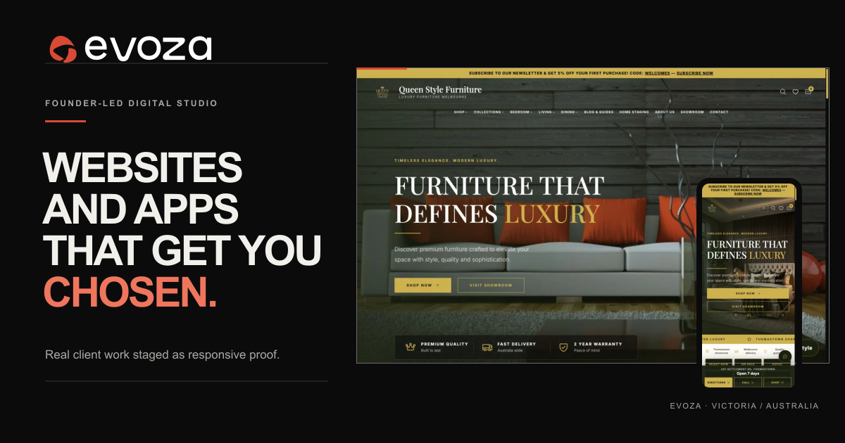 Evoza's campaign with oversized bone typography and responsive Queen Style Furniture website proof