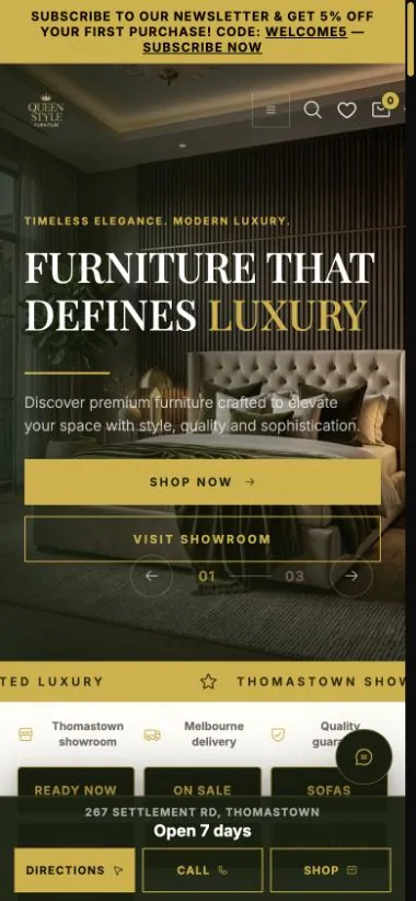 Queen Style Furniture mobile homepage with shopping and showroom actions