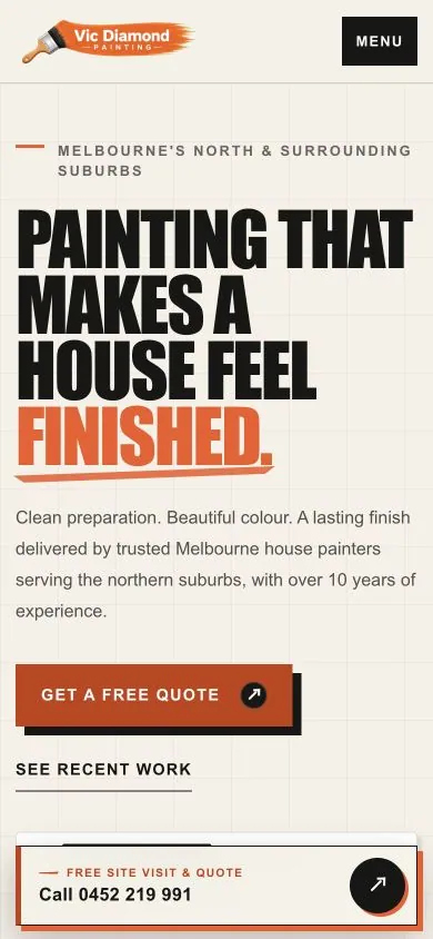 Vic Diamond Painting mobile homepage with its quote action and persistent call bar